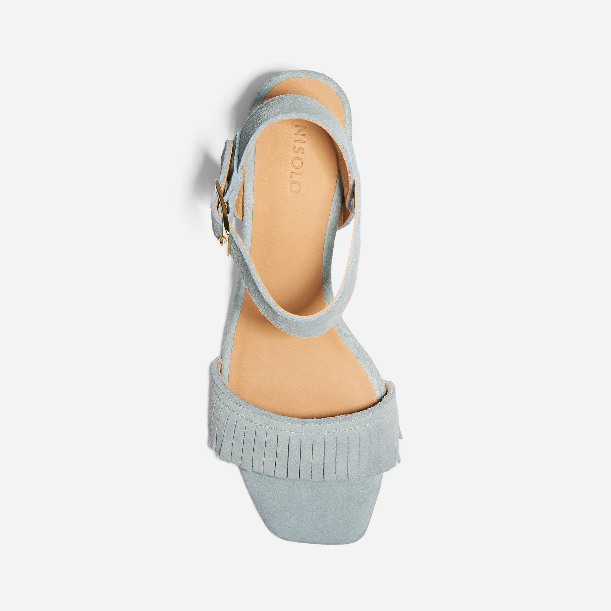 Stella Fringe Heel Sandal Dusty Blue Suede