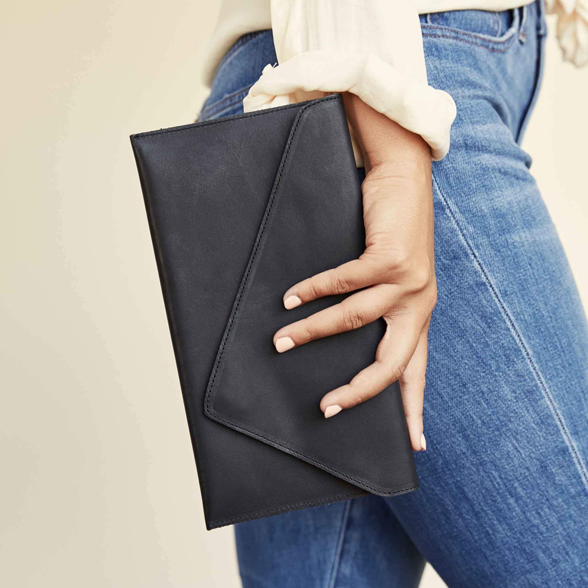 black leather clutch